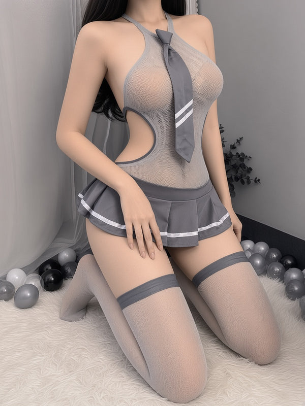 Grey Mesh Halter Bodysuit & Pleated Skirt Role-Play Set