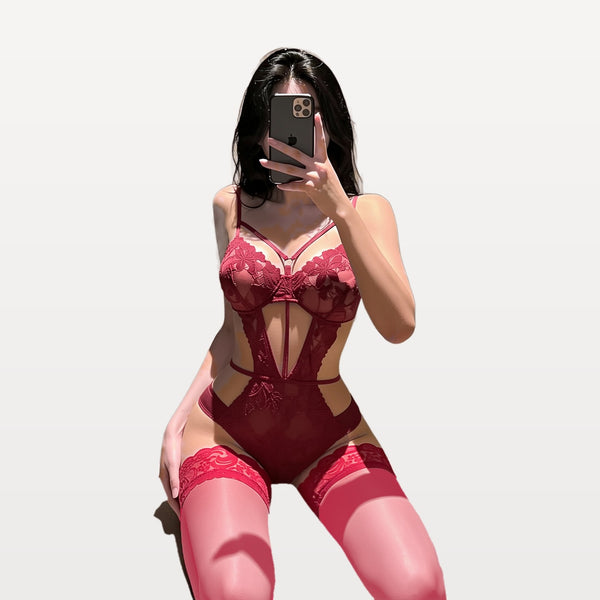 Sheer Floral Lace Cut-Out Bodysuit
